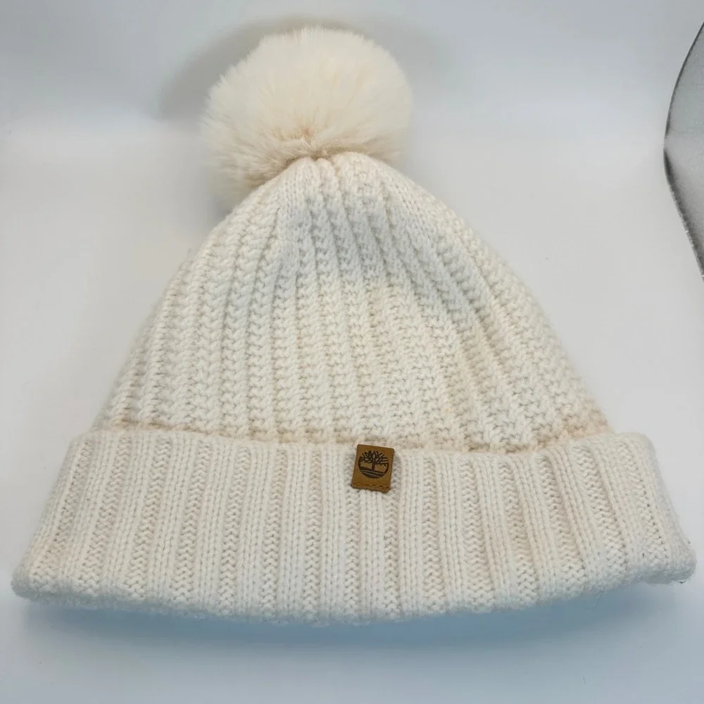 Timberland Beanie Women OS Cream White Sherpa Lined Pom Pom Winter Gorpcore